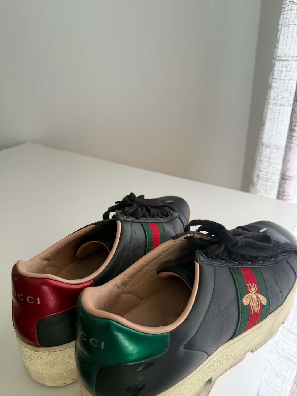 Gucci Black Leather Sneakers with Red & Green Web and Metallic Heel Tabs